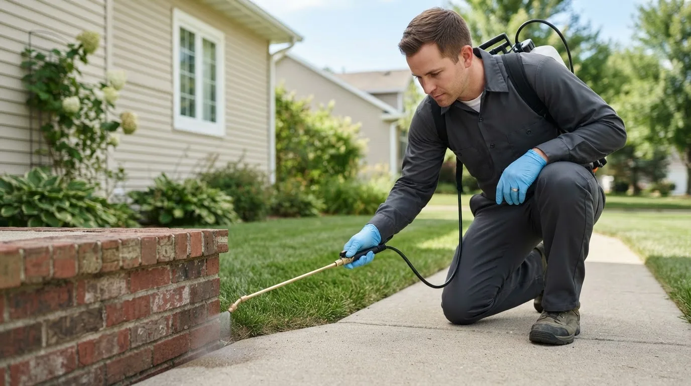 Pest control technician treating a home near Roosevelt, MN