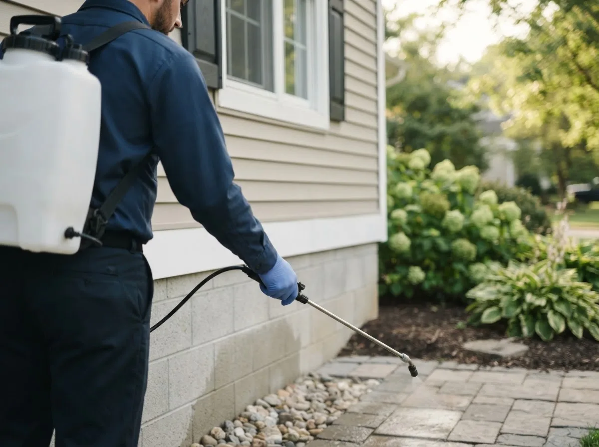 Pest control technician inspecting a home in Roosevelt, MN